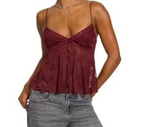 CocMouse Women's Spaghetti Strap Deep V Neck Crop Cami Tops Floral Embroidery Aesthetic Front Split Bandeau Tops Streetwear (Claret, S)