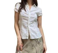 CocMouse Women's Turn-Down Collar Shirt Short Puff Sleeve Collared Dressy Casual Blouse Tops Regular Summer Top for Work (White, M)