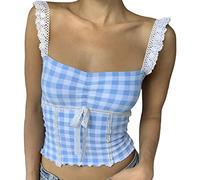 CocMouse Women's Vintage Crop Tank Top Sleeveless Lace Trim Spaghetti Strap Camisoles Plaid Patchwork Cami Vest Blouses (Blue, L)