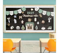 COcnny Christmas Bulletin Board Decoration - 102pcs Xmas Cozy Vibe Cutout with Banner Decor Set, Christmas Watercolor Fireplace Chalkboard Classroom Wall Accents Ideas Kits for School Home Supplies