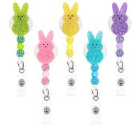 COcnny Easter Bunny Badge Reels - 5pcs Peeps Beads Glitter Retractable Acrylic Clips for Student Nurse Gift, Colorful Rabbit Beaded ID Badge Holder for Hospital School Easter Party Holiday Supplies