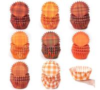 COcnny Fall Mini Cupcake Liners - 600pcs Autumn Plaid Muffin Small Paper Cupcakes Baking Cups Wrappers, Orange Brown Case Cake Wrap Making Supplies for Fall Thanksgiving Birthday Party (8 Styles)