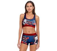 COCO BRANDS Betty Boop Bratz Womens Sports Bras Set - 2 Piece Removable Pads Racerback Sports Bra & Boxer Briefs, Blue Betty Boop Cherry Print, Large