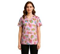 COCO BRANDS Garfield Women's All Over Print V-Neck Scrub Top with Pockets - Comfortable Work Uniform, Pink Mug Toss Print, M