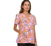 COCO BRANDS Garfield Women's All Over Print V-Neck Scrub Top with Pockets - Comfortable Work Uniform, Pink/Pooky & Flowers, XXL