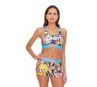 COCO BRANDS Looney Tunes Womens Sports Bra Set - 2 Piece Sports Bra and Boxer Briefs Underwear Set for Women (Sizes: S-XL), Tweety Cubic Flowers, Medium