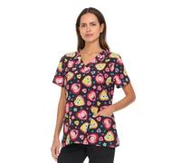COCO BRANDS Spongebob Women's All Over Print, V-Neck Scrub Top with Pockets - Comfortable Work Uniform, Black / Hearts With Patrick, XL