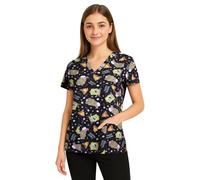 COCO BRANDS Spongebob Women's All Over Print, V-Neck Scrub Top with Pockets - Comfortable Work Uniform, Spongebob Happy Camper Black, L
