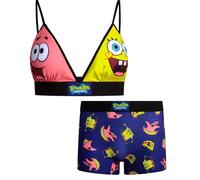 COCO BRANDS Tom & Jerry Womens Sports Bra Set - 2 Piece Soft Sports Bra and Boxer Briefs Underwear for Women, Spongebob & Patrick Print, S