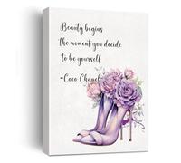 Coco Chanel Quotes Wall Art Canvas Painting, High-heeled Flower Beauty Begins The Moment You Decide To Be Yourself Poster Fashion Artwork for Girls Makeup Room Beauty Salon, 12”X15 (Framed)