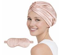 Coco & Millie 100% Mulberry Silk Turban Bonnet & Eye Mask Set - 19 Momme Double Layered Hair Wrap for Sleeping, Oeko-TEX Certified, Anti-Frizz (Peach Blush)