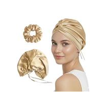 Coco & Millie 19 Momme 100% Mulberry Silk Bonnet for Sleeping - Double Layer Adjustable Turban with Ties - OEKO-TEX® Certified Hair Protection - Includes Silk Scrunchie (Champagne Gold)