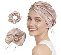 Coco & Millie 19 Momme 100% Mulberry Silk Bonnet for Sleeping - Double Layer, Turban Style with Adjustable Ties, OEKO-TEX® Certified, Includes Silk Scrunchie (Peach Blush)