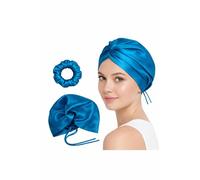Coco & Millie 19 Momme 100% Mulberry Silk Bonnet for Sleeping - Double Layer, Turban Style with Adjustable Ties, OEKO-TEX® Certified, Includes Silk Scrunchie (Peacock)