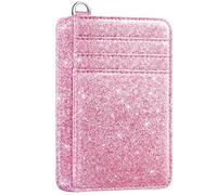 Coco Rossi Slim Wallet Women RFID Credit Card Holder Minimalist Wallets Small ID Window Card Case with Keychian, Glitter Peach Pink, Card Holder+Lanyard