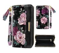 Coco Rossi Wallets for Women PU Leather Card Holder Organizer Ladies Clutch with Tassel Wristlet Wrist strap, Night Roses, Large