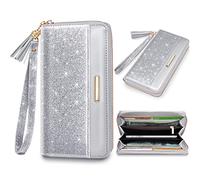 Coco Rossi Wallets for Women PU Leather Card Holder Organizer Ladies Clutch with Tassel Wristlet Wrist strap, Sliver Glitter, long purse, Casual