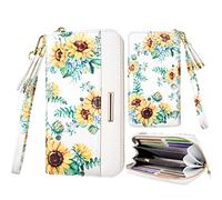 Coco Rossi Wallets for Women PU Leather Card Holder Organizer Ladies Clutch with Tassel Wristlet Wrist strap, White Sunflower, long purse