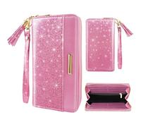 Coco Rossi Wallets for Women PU Leather Card Holder Organizer Ladies Clutch with Tassel Wristlet Wrist strap, A Peach Glitter, long purse, Casual