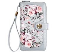 Coco Rossi Women's Multi Card Holder Wallet Clutch with Wrist Strap, RFID Blocking, Grey Flowers, Stylish, Unique