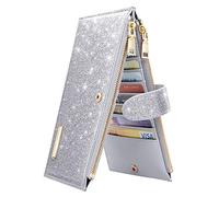 Coco Rossi Womens RFID Blocking Large Capacity Wallet Multi Card Organizer Bifold Wallet for Women with Zipper Pocket, Silver Glitter, long purse, Casual