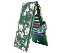 Coco Rossi Womens RFID Blocking Large Capacity Wallet Multi Card Organizer Bifold Wallet for Women with Zipper Pocket, Dark Green Flowers, L, Casual