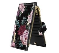 Coco Rossi Womens RFID Blocking Large Capacity Wallet Multi Card Organizer Bifold Wallet for Women with Zipper Pocket, Dark Roses, L
