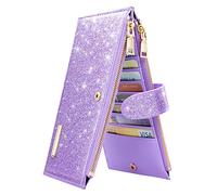 Coco Rossi Womens RFID Blocking Large Capacity Wallet Multi Card Organizer Bifold Wallet for Women with Zipper Pocket, Purple Glitter, long purse, Casual