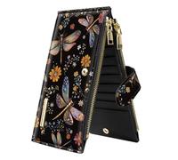 Coco Rossi Womens RFID Blocking Large Capacity Wallet Multi Card Organizer Bifold Wallet for Women with Zipper Pocket, Dragonfly, L