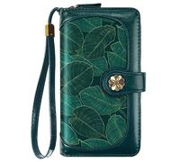 Coco Rossi Women's Wallet with Hand Strap, Green Leaves, Green Leaves, Long Purse
