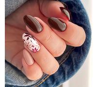 Cocoa Bloom Almond Press On Nails with 3D Floral Design - 24PCS Glossy Dark Brown French Oval Full Cover Reusable Artificial Tips for Wedding, Party & Elegant Everyday Style