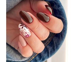Cocoa Bloom Almond Press On Nails with 3D Floral Design - 24PCS Glossy Dark Brown French Oval Full Cover Reusable Artificial Tips for Wedding, Party & Elegant Everyday Style