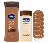 Cocoa Bundle: Set Contains Vaseline Cocoa Radiant Body Lotion 400ml, Vaseline Cocoa Radiant Body Gel Oil 200ml and 6 Tins of Vaseline Lip Therapy With