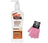 Cocoa Butter Body Lotion Natural Bronze Vitamin E - 400ml with - Exfoliating Glove - Gradual Tanning 24-Hour Moisturizer Maintains Tan Deep Hydration (bottle color may vary)