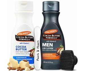 Cocoa Butter Set Palmer's - 250ml Body Lotion + Men 3-in-1 (2 x 250 ml) with Vitamin E + Spatula + Silicone Cleansing Scrubber | Body Butter for Dry Skin | Face Cream for Men | Gift Ready Set