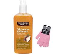 Cocoa Butter Shimmer Radiance Body Oil with Exfoliating Gloves - 48HR Hydration with Vitamin E, Lightweight Non-Greasy Shimmer Oil for All Skin Tones, Dermatologist Approved, Won’t Stain (150ml)