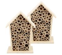 Cocoarm 2 Pack Wooden Bee House Shelter with Log and Reed Materials for Garden Nesting Decoration
