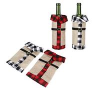 Cocoarm 2Pcs Wine Bottle Cover Christmas Bottle Cover in Artificial Fur Fabric and Linen, Fur Collar Button Design, Fits Most Bottles, Christmas Table Decor for Xmas Party (burlap lattice)