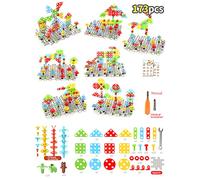 Cocoarm Electric Drill Toy Building Blocks Set, ABS STEM Learning Construction Puzzle 188PCS, 2D Creative Animals Plants Letters, Hand Eye Coordination Toy for Kids 3+ (173-pack)