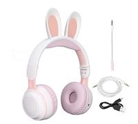 Cocoarm Foldable Rabbit Headphones Wireless Headset Blue Tooth Over Ear Headset with LED Light Adjustable Headband 12H Playtime 3.5mm Jack for Girls Boys Age 3+ (White Pink)
