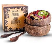 COCOBOWLCO Jumbo Coconut Bowls and Wooden Spoon Sets: 2 Vegan Organic Salad Smoothie or Buddha Bowl Kitchen Utensils (Natural)