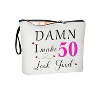 CoCoCherry 50th Birthday Gifts for Women: Cosmetic Bags - Perfect Ideas for Mom, Wife, Bestie, Sister (White)