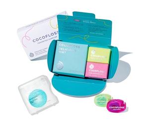 COCOFLOSS Coconut Oil-Infused Woven Dental Floss | Favorites Sampler: 1 Full-Size & 2 Mini Spools l Dentist-Designed, Waxed, Expanding Floss | Kid-Friendly & Vegan | Mint, Coconut, & Strawberry Aromas