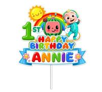 CoComelon 1st Birthday Cake Topper, 11.5x12 cm | Personalised Name, Rainbow Design, JJ Character, Stick Included, Party Decoration