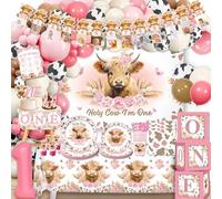 cocomigo 254 PCS Holy Cow I'm One Birthday Decorations Complete Party Set, Highland Cow 1st Birthday Decorations Girl, for Cow Theme Girl 1st Party Supplies Serves 20 Guests