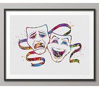 COCOMILLA Theatre Masks Watercolor Print Comedy and Tragedy Actor Gift Mask Carnival Musical Show Drama Theatrical Theater Wall Art Decor Cinema-1425