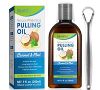 Coconut and Mint Infused Whitening Pulling Oil (9FL.OZ) 260ML - Natural Teeth Whitening & Fresh Breath Solution with Tongue Scraper