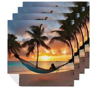 Coconut Beach Sunset Hammock Cloth Napkin 4 PCS Table Dinner Napkins Washable & Reusable Cloth Napkins Washable Tablecloth for Party, Wedding, Lunch, Dinners, Banquet, Christmas