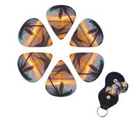 Coconut Beach Sunset Hammock Guitar Picks 6 Pack, 0.71mm Thickness Celluloid Bass Pick with Leather Guitar Pick Holder Keychain Abstract Art Pics Plectrum for Acoustic Electric Guitar, Ukulele, Bass