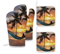 Coconut Beach Sunset Hammock Oven Mitts and Pot Holders Sets 4PCS Heat-Resistant Cooking Gloves & Potholders with Hanging Loop for Baking Grilling BBQ Home Kitchen Essentials